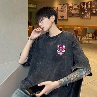 LOCAL BRAND Áo thun Wash Đầu Lân Phong Cách Unisex Form Rộng / Áo thun Đầu Lân Phông Màu Phong Cách Âu Mỹ