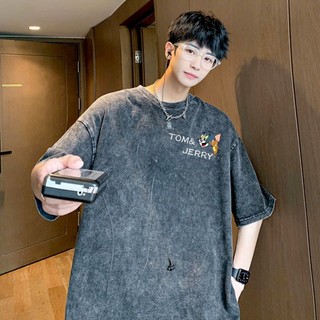 LOCAL BRAND Áo thun Wash Mèo Và Chuột Phong Cách Unisex Form Rộng / Áo thun Mèo Và Chuột Phông Màu Phong Cách Âu Mỹ