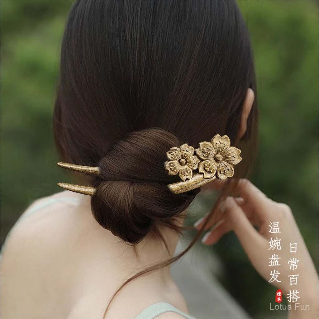 U hình lục đàn mộc trâm cài tóc đôi hoa cong kiểu Trung Quốc cổ điển hàng ngày búi tóc trang nhã Hán phục sườn xám trang sức