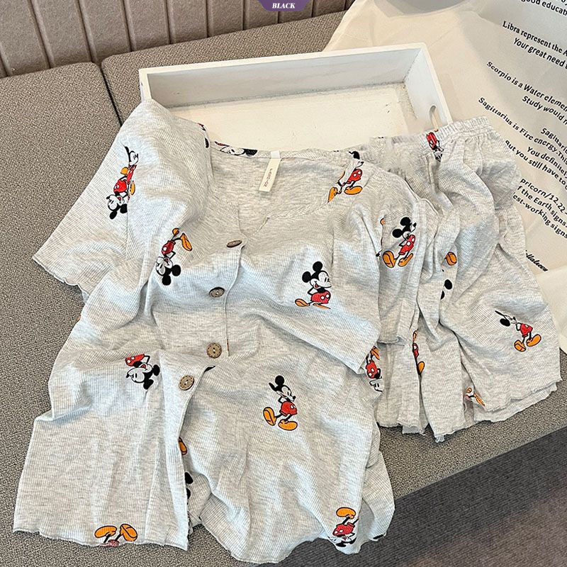 Màu xám Hoạt Hình Dễ Thương Mickey Áo Cardigan Tay Ngắn Bộ Đồ Ngủ Nữ Sinh Mùa Hè Quần Short Ký Túc Xá Homewear Suit [BL]