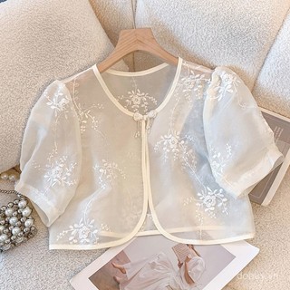 Áo khoác cardigan ngắn tay chống nắng cho phụ nữ mùa hè 2025, thiết kế nút Mandarin phong cách Trung Quốc, khăn choàng chiffon ren nhẹ cho bãi biển và resort