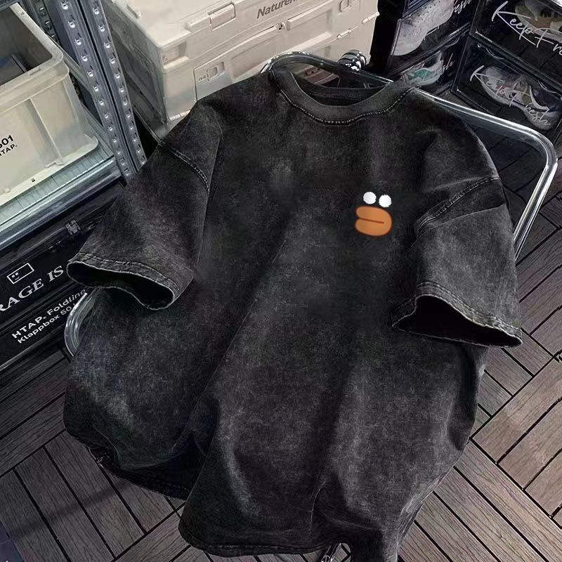 Áo thun ngắn tay cotton giặt vintage mùa hè, dáng rộng, phong cách distressed