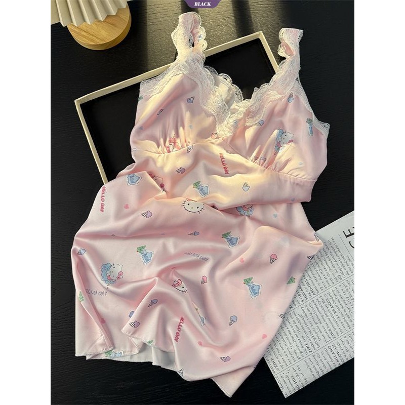 Bộ Đồ Ngủ Nữ Hellokitty Mùa Hè Băng Lụa Tay Ngắn Quần Short Có Miếng Lót Áo Ngực Ren Hồng [BL]