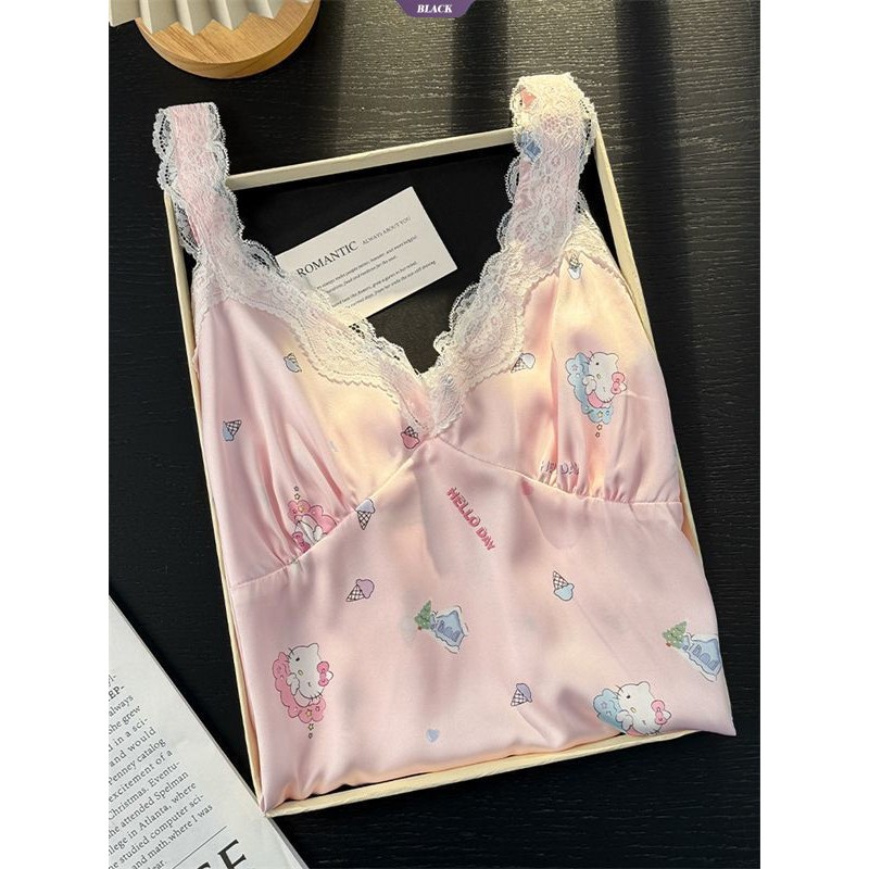 Bộ Đồ Ngủ Nữ Hellokitty Mùa Hè Băng Lụa Tay Ngắn Quần Short Có Miếng Lót Áo Ngực Ren Hồng [BL]