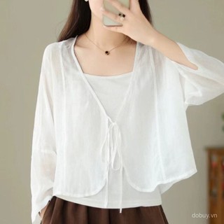 Áo khoác ngắn mùa hè mới, nhẹ, bảo vệ khỏi nắng, cổ V, áo cardigan buộc dây