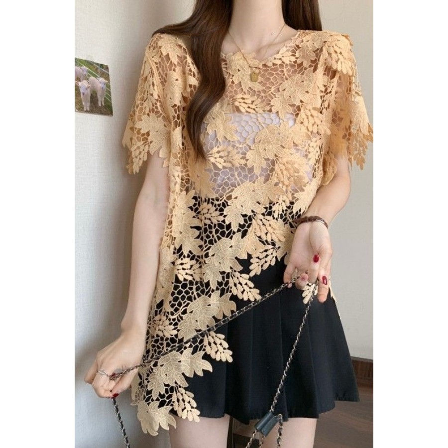 ✨Mùa Hè 2025 Rỗng Áo Sơ Mi Ren Tay Ngắn Plus Kích Thước Béo mm Không Đều Rời Bao Bụng Áo Top 25.5.22