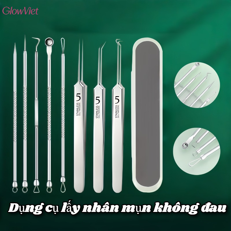 Bộ Dụng Cụ Skincare Cao Cấp,Kẹp Mụn Inox + Nhíp Cong + Que Lấy Nhân,Không Làm Tổn Thương Da