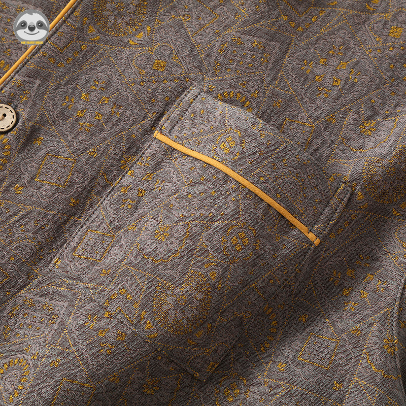 Phong cách Nhật Bản Muji Style - Bộ đồ ngủ ngắn tay Cotton nguyên chất dành cho nam Retro Jacquard - Quần áo gia đình mỏng có thể mặc bên ngoài