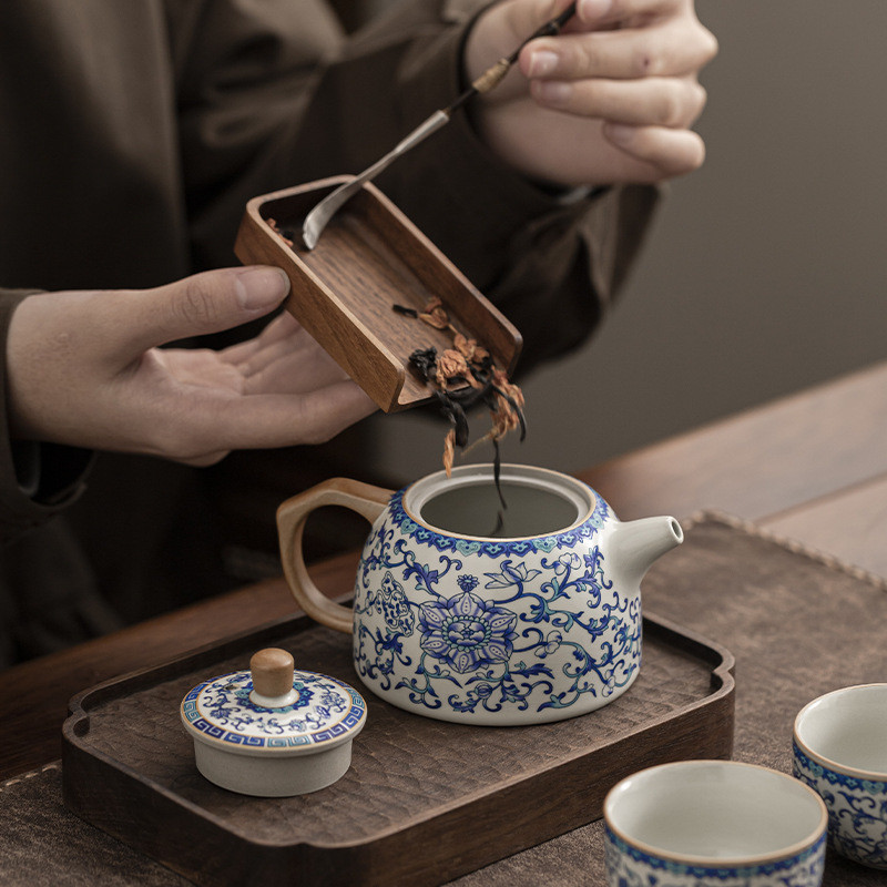 Bộ Trà Gốm Ru Kiln Xanh Trắng Cổ Ấm Trà Hộ Gia Đình Cao Cấp Có Thể Nâng Lát Kung Fu Bộ Trà Ấm Trà