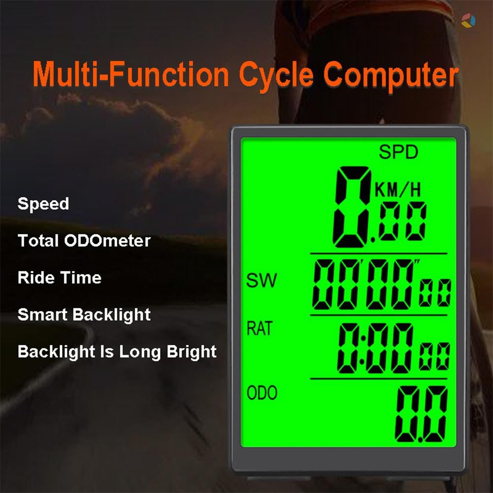 Máy tính xe đạp không dây đồng hồ tốc độ chống nước có đèn nền LCD màu xanh lá cây