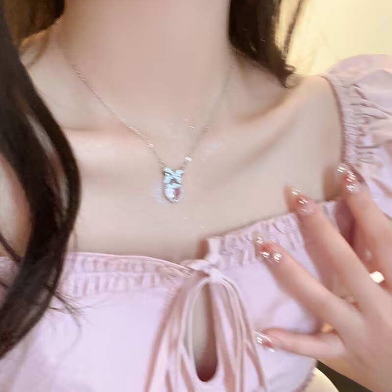 Đa năng~ Dây chuyền nơ trái tim hồng zircon cho phụ nữ mùa hè ngọt ngào mát mẻ phong cách thời trang