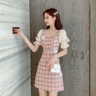 Váy Liền Phong Cách Ca Rô Váy Ngắn Tôn Dáng Thon Gọn Dáng Người Nhỏ Mẫu Mới Mùa Hè Cho Nữ