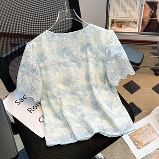 Áo blouse chiffon tay ngắn thêu ren kiểu dáng mới mùa hè 2025 cho phụ nữ
