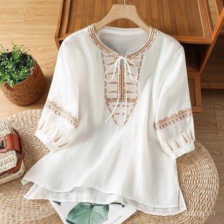 Nữ Mùa Hè Vải Lanh Cotton Thêu Retro Áo Sơ Mi 3/4 Tay Rời Plus Size Mỏng