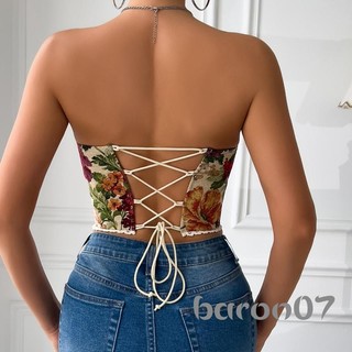 Phụ Nữ Bustier Ống Áo Mùa Hè Vintage Hoa Buộc Corset Off-Shoulder Bandeau Áo Sơ Mi Không Lưng Cho Dạo Phố
