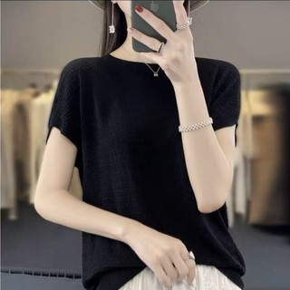Cổ Tròn Tay Ngắn Nữ Mỏng Phong Cách Mùa Hè Phong Cách Mới Hình Kim Cương Rỗng Ôm Phù Hợp Với Đáy A