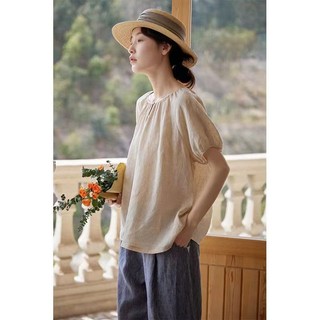 Vải Lanh Ice Silk Tay Ngắn Siêu Rời Hàng Ngày Đơn Giản Màu Cam Hồng Top Nữ Mùa Hè Phong Cách Mới Cổ Tròn Lười Áo Sơ Mi Cao Cấp