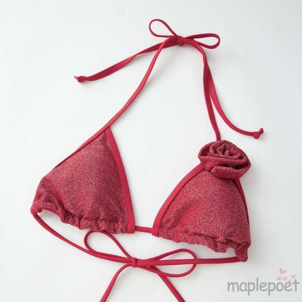 MAPLEPOET-Nữ Shimmer 3D Hoa Hồng Dây Cổ 3 Mảnh Trang Phục Đi Biển