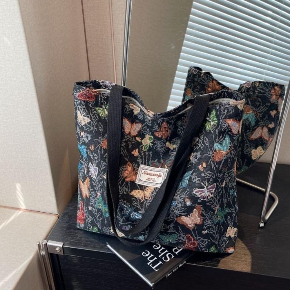 Túi đeo vai HOBBYIN, Túi Tote nữ dày bằng vải Canvas, Túi xách Jacquard in hoa bướm dung tích lớn thông thường