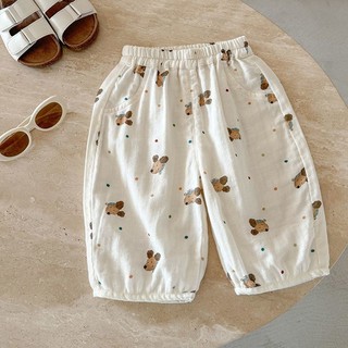 Quần chống muỗi mùa hè mới dễ thương cho trẻ em, quần cotton gạc thoáng khí cho bé trai và bé gái, quần mỏng điều hòa cho chó con
