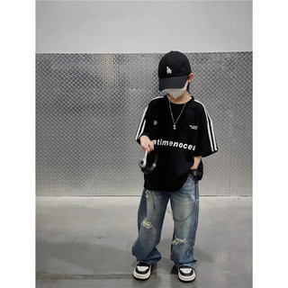 Áo thun ngắn tay cotton phong cách đại học cho bé trai mùa hè, in chữ cho trẻ em, áo cơ bản màu sắc retro Hàn Quốc