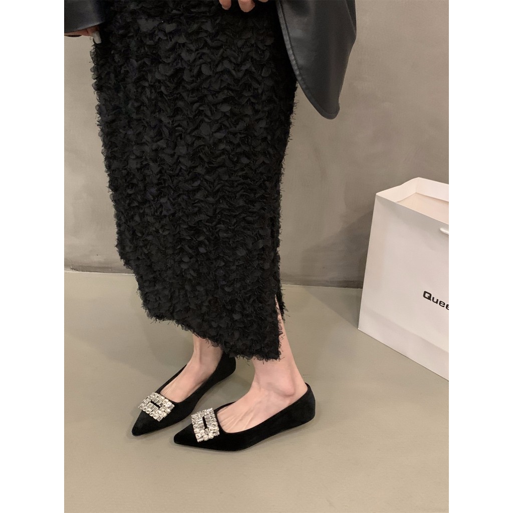 Giày Nữ Size Lớn (32-44) Size Nhỏ 32 33 34 Tính Khí Pháp Đen Người Nổi Tiếng Mũi Nhọn Giày Nữ Mùa Xuân Thu Đế Bằng Kim Cương Giả Cao Cấp JUNE9