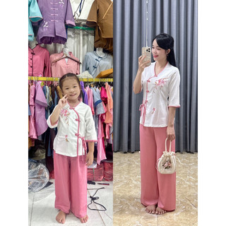 Set đồ lụa mẹ và bé gái ( mẹ bé bán riêng) cổ tim bông đào, đồ bộ bé gái