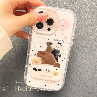 Ins Korea Cute Puppy Cartoon Make Up Mirror Vỏ nâng cao + Giá đỡ cho iPhone 11 16 15 14 13 12 Pro Xs Max XR X 6s 7 8 6 Plus SE Vỏ điện thoại TPU mềm Vỏ bảo vệ