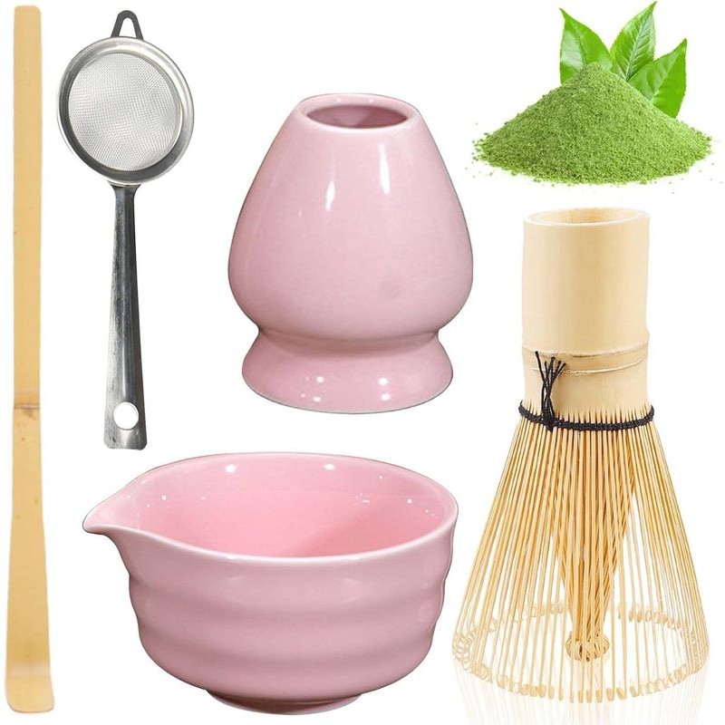 5 Chiếc Gốm Nhật Bản Bóng Màu Hồng Matcha Bát Macha Trà Whisk Chawan Chasen Giá Đỡ Muỗng Sifter Cốc Lễ Quà Tặng Bộ