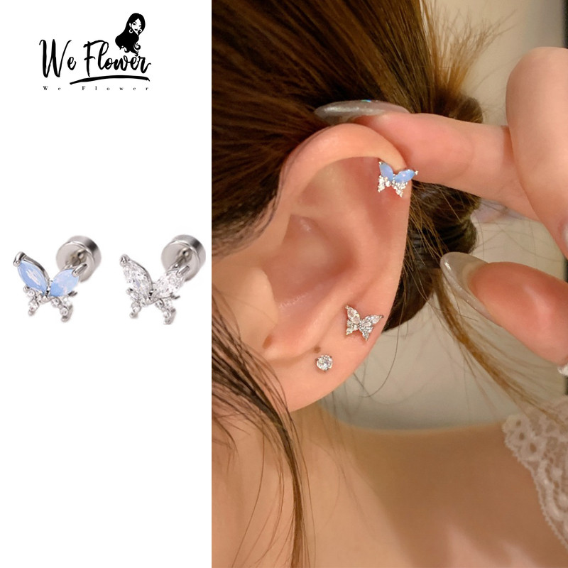WeFlower 1 Hàn Quốc s925 Bạc Sáng Pha Lê Bướm Vít Bông Tai Nữ Thời Trang Xuyên Tai