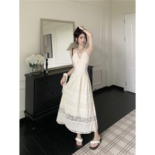 Đầm Ren Dây Phong Cách Pháp Dành Cho Phụ Nữ Kỳ Nghỉ Hè Đi Biển Đầm Dài Không Lưng Thanh Lịch