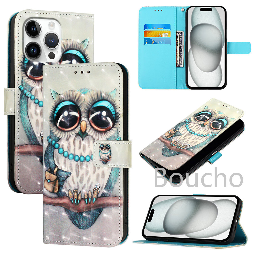 Dành Cho VIVO V40 SE V30E V30 V29 V29E V27 Lite V27E Y28 Y03 Y18 Y38 Y17S Y27 Y36 Y35 Y22 Y22S Y21 Y21S Y33S 3D Hình Cú Hoa Bướm Khe Cắm Thẻ Lật Bao Da Ví Điện Thoại