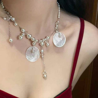 Vòng cổ tua rua chắp vá ngọc trai nhỏ và lớn, dây chuyền xương đòn vỏ tròn, vòng cổ hạt gradient, vòng cổ thích hợp