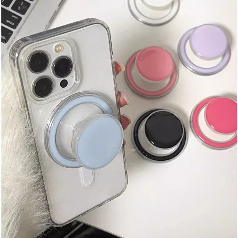 Đơn Giản Màu Trơn Tròn Socket Magsafe Giá Đỡ Điện Thoại Từ Tính Cho IPhone 16 15 Pro Max Plus Có Thể Gập Lại Vòng Cầm Co Giãn Để Bàn Màu