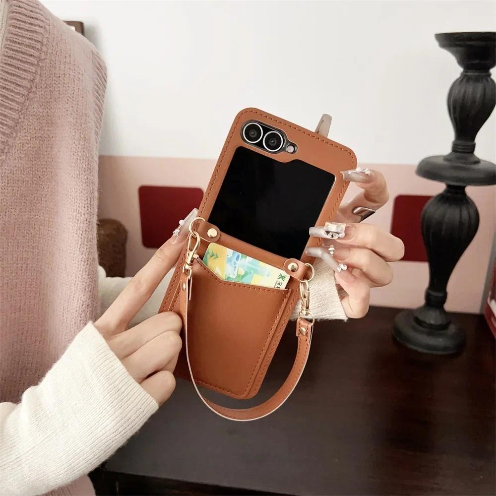 Dây Đeo Cổ Tay Da Ốp Lưng Điện Thoại Samsung Galaxy Z Flip 6 5 4 3 Flip6 Flip5 Flip4 Ví Khe Cắm Thẻ Bảo Vệ