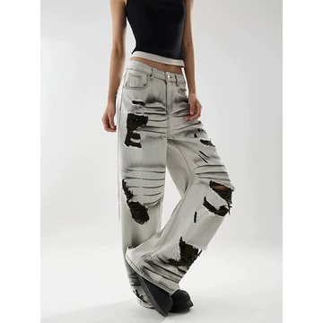 Quần Jean Nữ Phố Cao Cấp Retro Quần Jean Tattered Ống Rộng Quần Jean Nữ Mùa Hè Rời Thẳng Kéo Quần