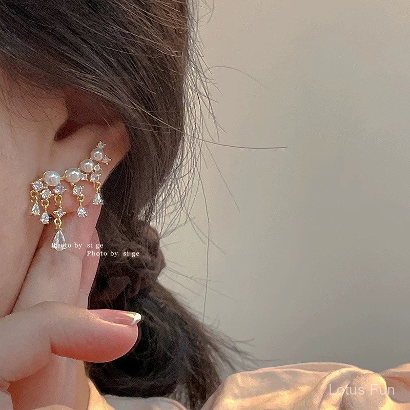 Bông tai tua rua nhỏ ngọc trai zircon Pháp thanh lịch, sang trọng nhẹ nhàng, cao cấp, tươi mới, ngọt ngào, tính cách xã hội