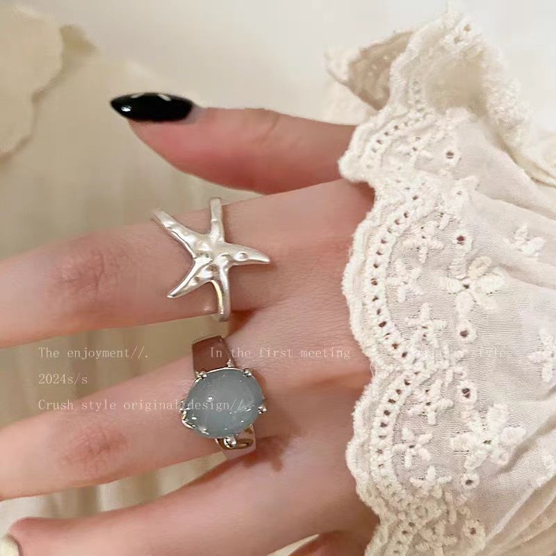 Nhẫn mở hình sao biển phong cách kỳ nghỉ cho phụ nữ, nhẫn ngón trỏ phóng đại độc đáo, nhẫn điều chỉnh thiết kế cao cấp