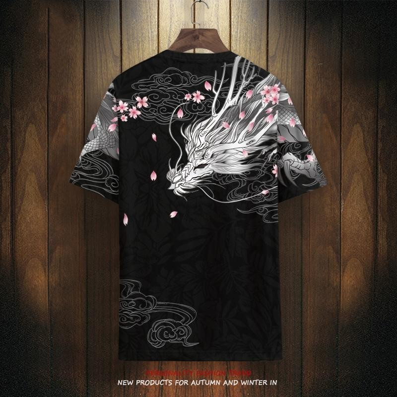 Áo thun ngắn tay phong cách dân tộc retro cho nam, rộng rãi, kích thước lớn, in hình rồng, thời trang, cổ tròn