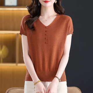 Tay Ngắn Cổ Tròn Mùa Hè 2025 Phong Cách Phương Tây Bao Bụng Cổ Chữ V Áo Thun Rời Đan Top Nữ Mẹ Mặc