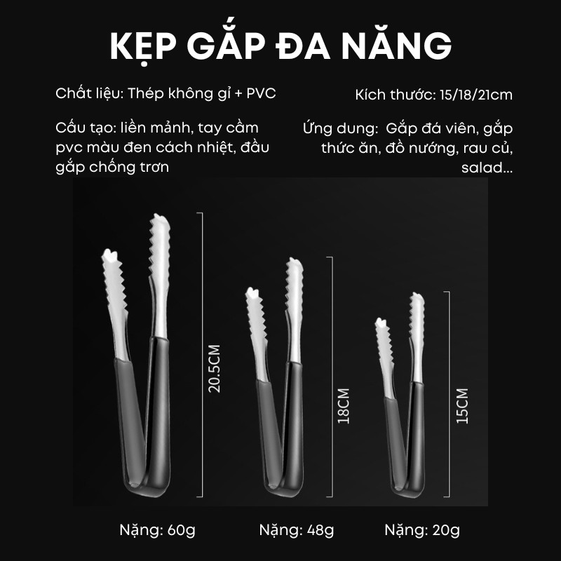 Kẹp Gắp Inox Liền Khối Tay cầm PVC Chống Nóng 15/18/21cm - Gắp Đá, Đồ Nướng, Salad Cho Gia Đình, Quán Ăn, Nhà Hàng | 301