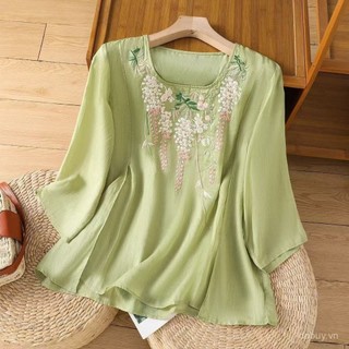2025 Mùa hè mới Áo sơ mi thêu cổ tròn cotton lanh cho phụ nữ, dáng rộng thanh lịch