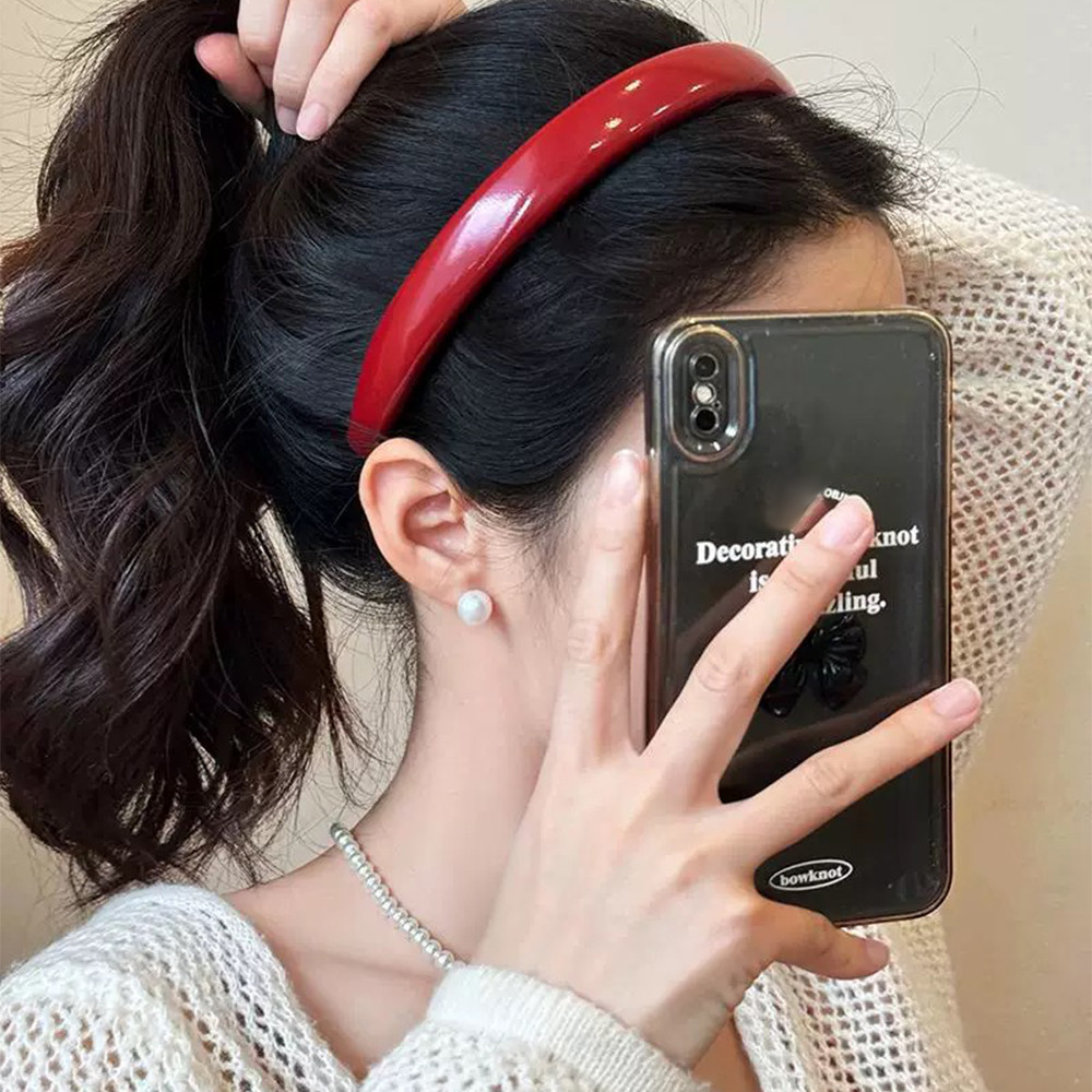 Dây buộc tóc rộng màu đỏ cổ điển dành cho nữ - Vòng buộc tócPU phong cách Hàn Quốc - Hàng ngày | Trang sức đầu Giáng sinh