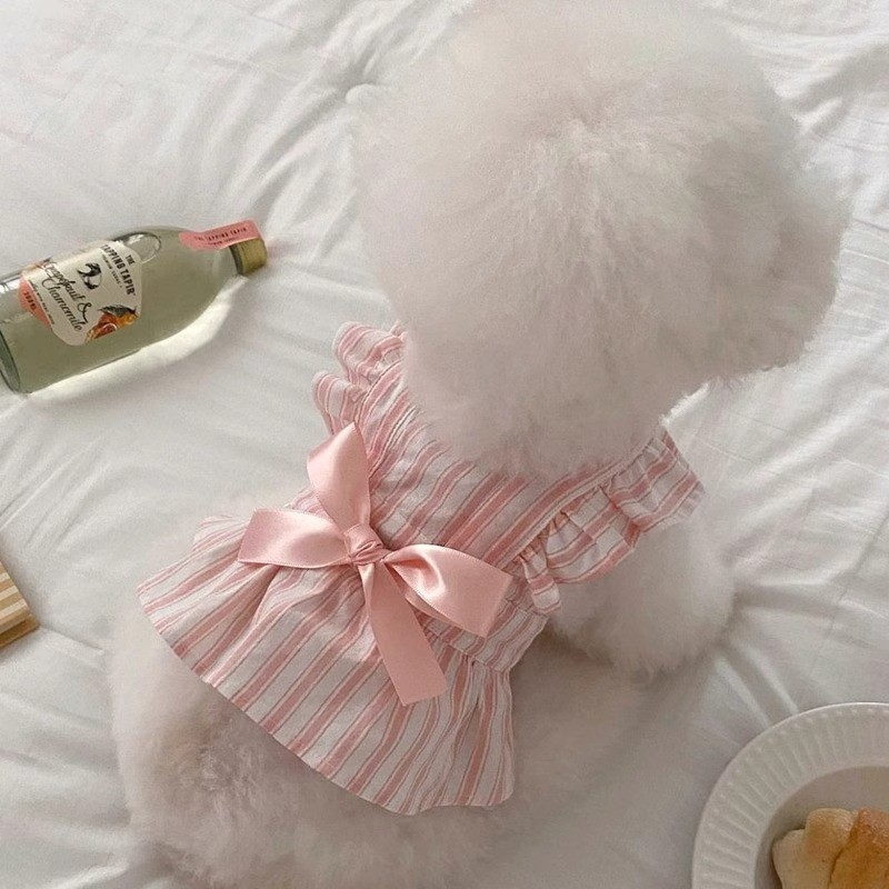 【Ready Stock】 Dog Cat Spring and Summer Cute Flying Sleeve Striped Dress Pet Puppy Clothes Thin Bichon York Summer N9vQ