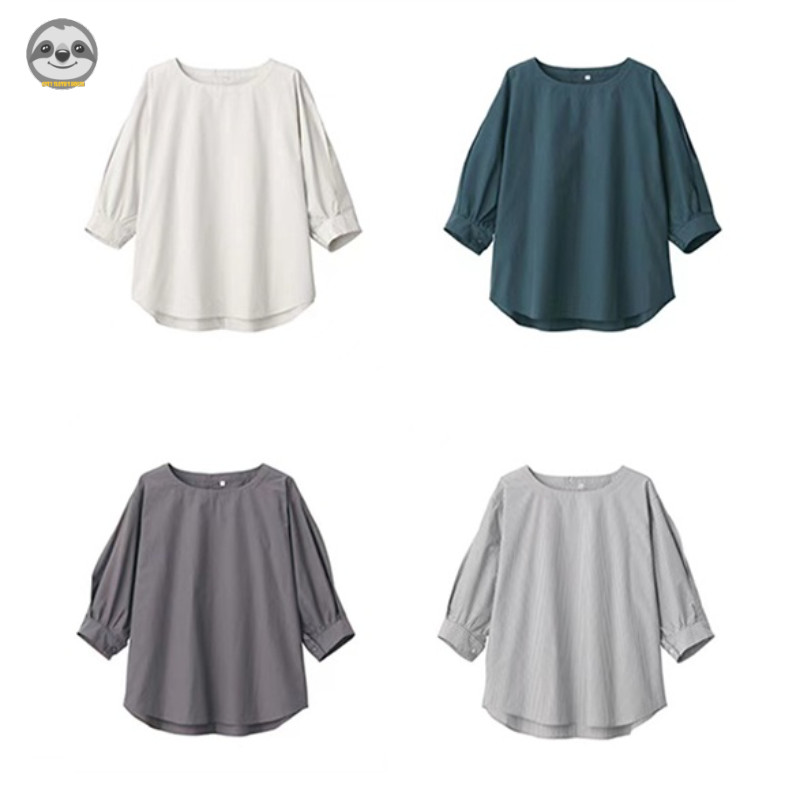Phong cách Nhật Bản Muji Style / Áo kiểu cổ tròn nửa tay Cotton nữ / Áo sơ mi dáng rộng bằng lụa Cotton
