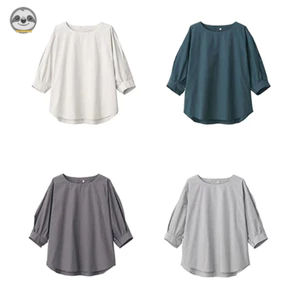 Phong cách Nhật Bản Muji Style / Áo kiểu cổ tròn nửa tay Cotton nữ / Áo sơ mi dáng rộng bằng lụa Cotton