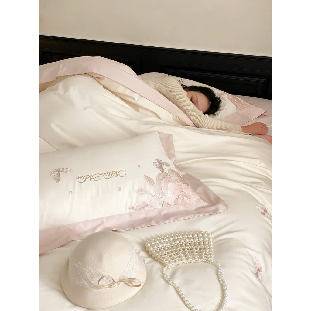 (L41530)Bộ Chăn Ga Gối Chất Liệu Cao Cấp Mềm Mại Tone Màu Dịu Dàng Thêu Họa Tiết Hoa Tinh Xảo - MemMinbedding Luxury