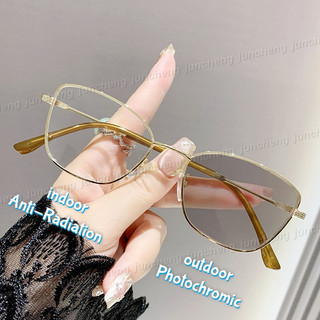 0 ~ -400 Mắt Mèo Photochromic Chống Thị Xanh Kính Dành Cho Nữ Khung Kim Loại Chống Bức Xạ Kính Mắt