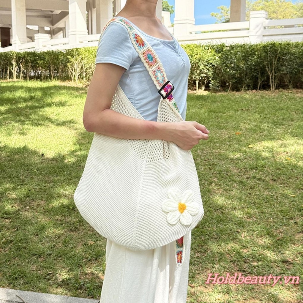 Túi Tote Dệt Kim Nữ Thiết Kế Mở Lớn Họa Tiết Hoa Đan Thời Trang Dung Tích Lớn Túi Đeo Vai Kỳ Nghỉ