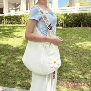 Túi Tote Dệt Kim Nữ Thiết Kế Mở Lớn Họa Tiết Hoa Đan Thời Trang Dung Tích Lớn Túi Đeo Vai Kỳ Nghỉ